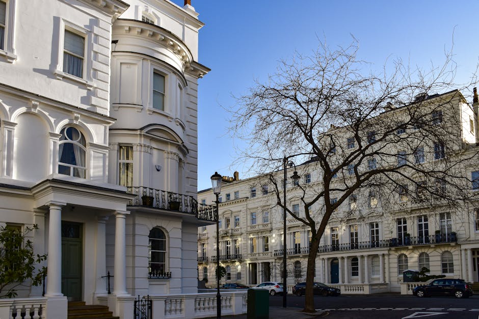 Photograph of a residential street in Clapham Common showing elegant white Victorian-style terraced houses with decorative architectural details, large windows, and black wrought-iron balconies. The street features a leafless tree in the foreground, a black street lamp, and parked cars along the curb under clear blue sky. The bright daylight highlights the clean and well-maintained appearance of the buildings, emphasizing the importance of surface cleaning and home maintenance, consistent with services offered by Lambeth Carpet Cleaning for deep cleaning and sanitisation. The scene reflects an orderly, hygienic environment suitable for residential and commercial cleaning topics.